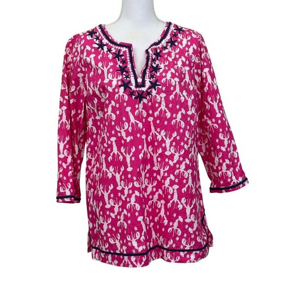 Talbots pink/white lobster tunic, large, whimsical, coastal, preppy, resort - Picture 1 of 7